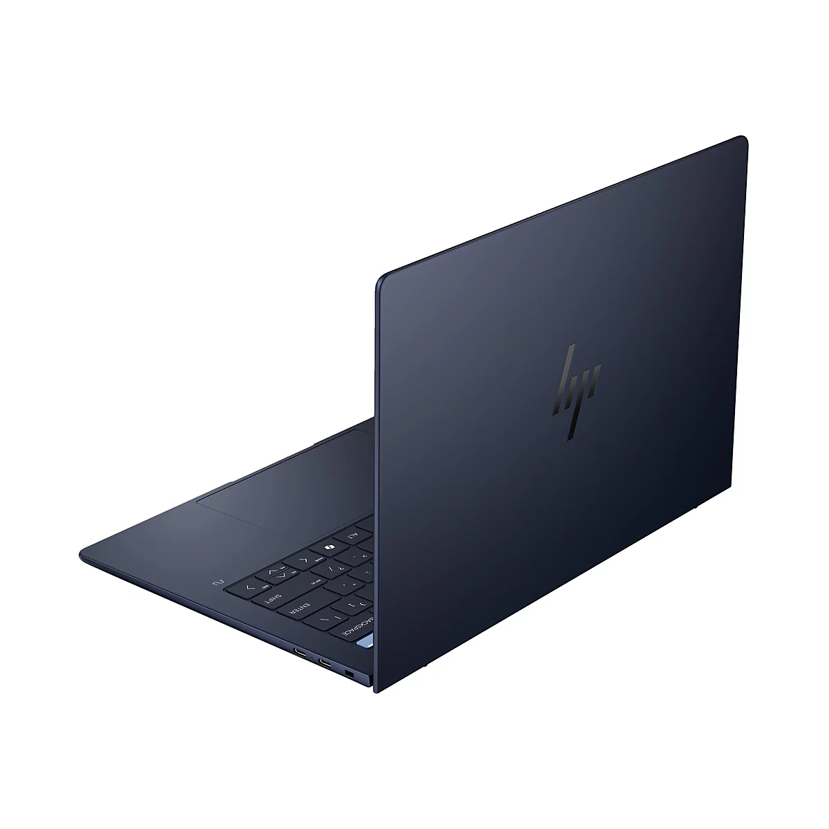 Ein dunkelblauer Laptop, leicht geöffnet. Die HP-Logo ist auf dem Deckel. Die Tastatur ist ebenfalls dunkelblau.