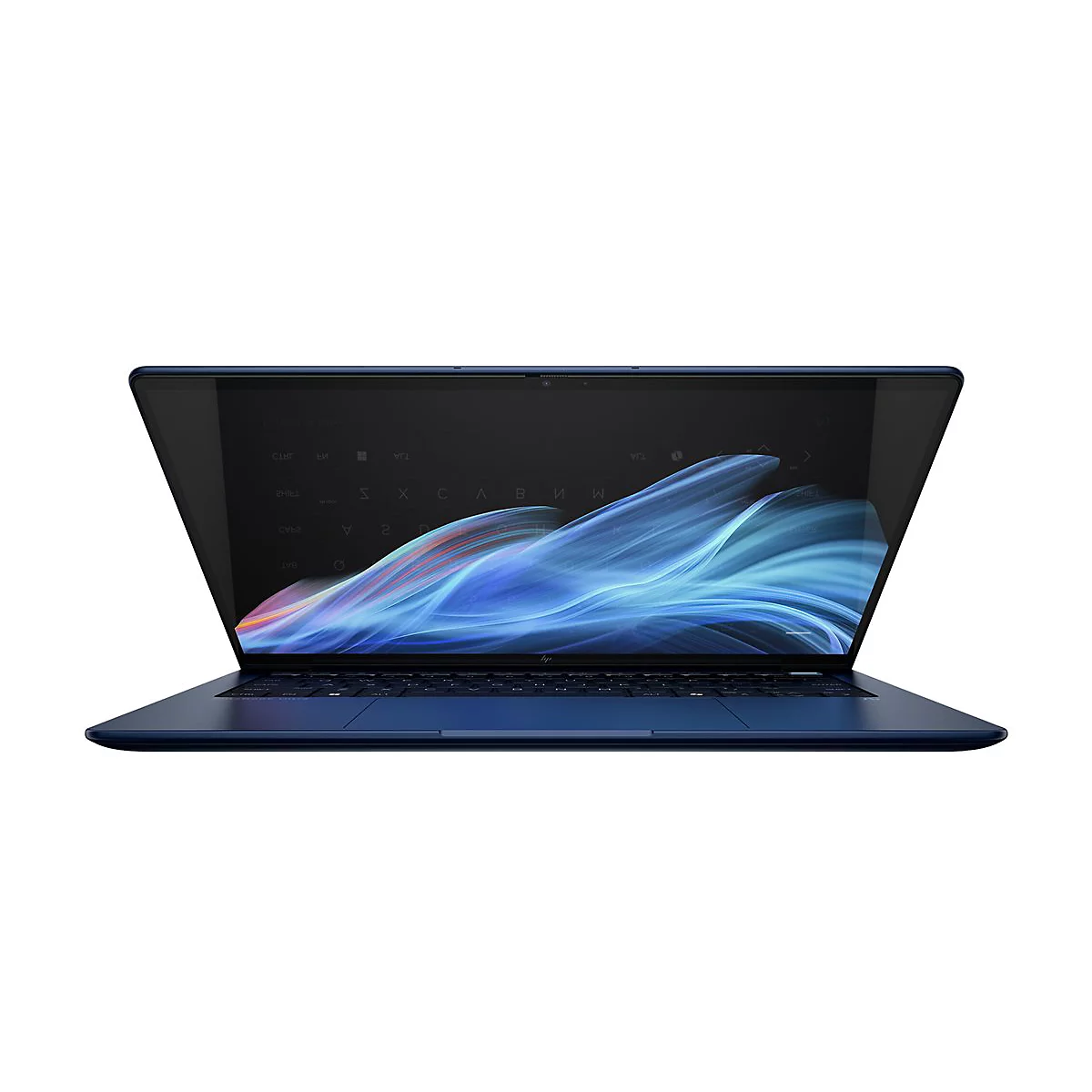 Blauer Laptop auf weißem Hintergrund; Display mit abstraktem blauem Muster.