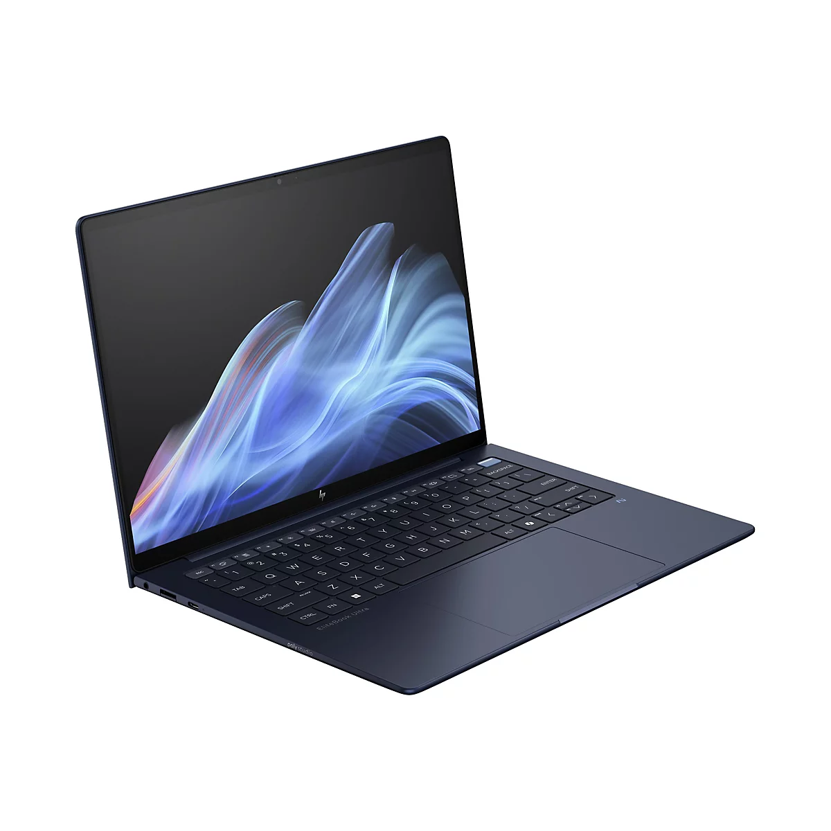 Ein dunkelblauer Laptop, leicht schräg von oben fotografiert. Auf dem Display ist ein blau-weißer, abstrakter Hintergrund zu sehen. Tastatur und Touchpad sind ebenfalls dunkelblau.