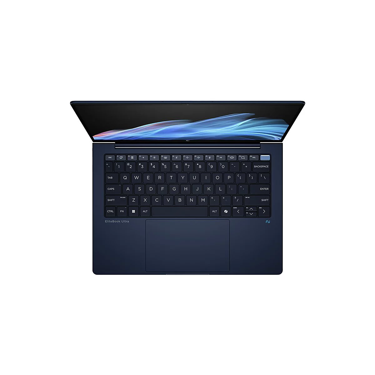 Dunkelblaues Laptop mit geöffnetem Bildschirm. Tastatur, Touchpad und Logo sind zu sehen.