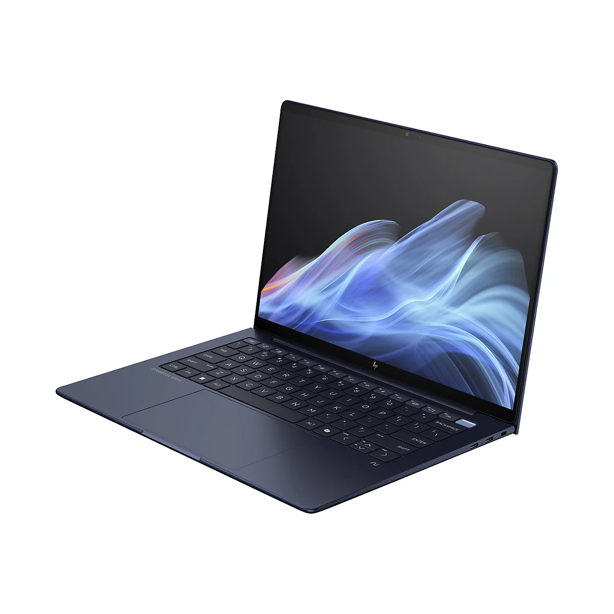 Dunkelblaues Laptop auf weißem Hintergrund, halb geöffnet. Auf dem Bildschirm sind blaue und weiße abstrakte Formen zu sehen. Tastatur mit schwarzen Tasten.