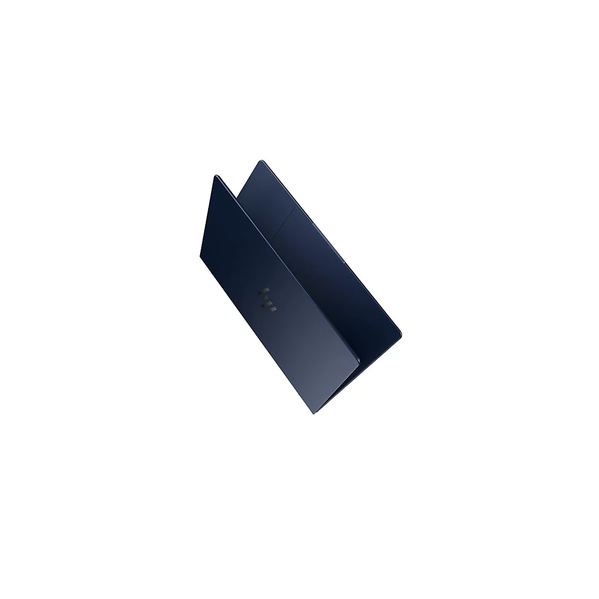 Dunkelblauer Laptop, leicht geöffnet. Auf der Oberseite ist ein Logo zu sehen.