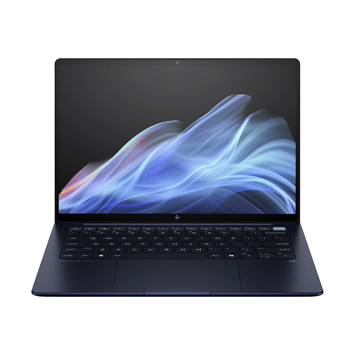 Ein dunkelblaues HP EliteBook Ultra Notebook, halb geöffnet, vor weißem Hintergrund. Der Bildschirm zeigt abstrakte, blaue und weiße Muster.