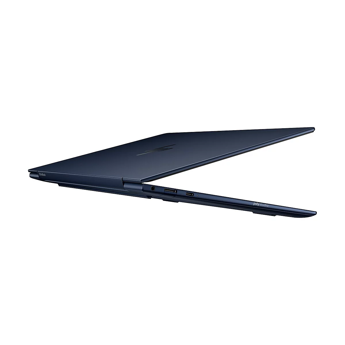 Dunkelblauer Laptop, leicht geöffnet, im Profil gezeigt. Auf dem Gehäuse steht "EliteBook" und "polystudio".