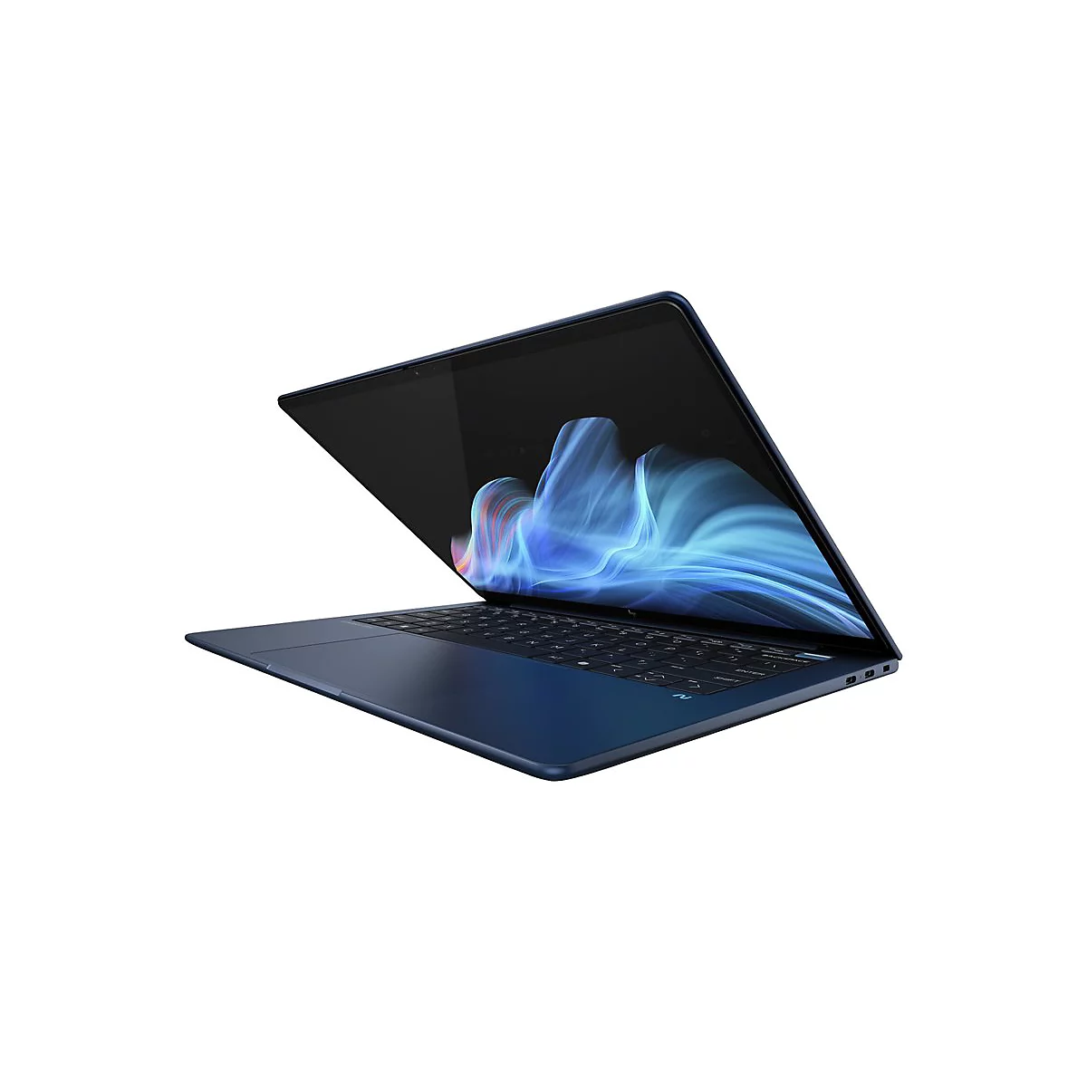 Dunkelblauer Laptop, leicht geöffnet. Der Bildschirm zeigt abstraktes blaues Design. Tastatur mit hellen Tasten.