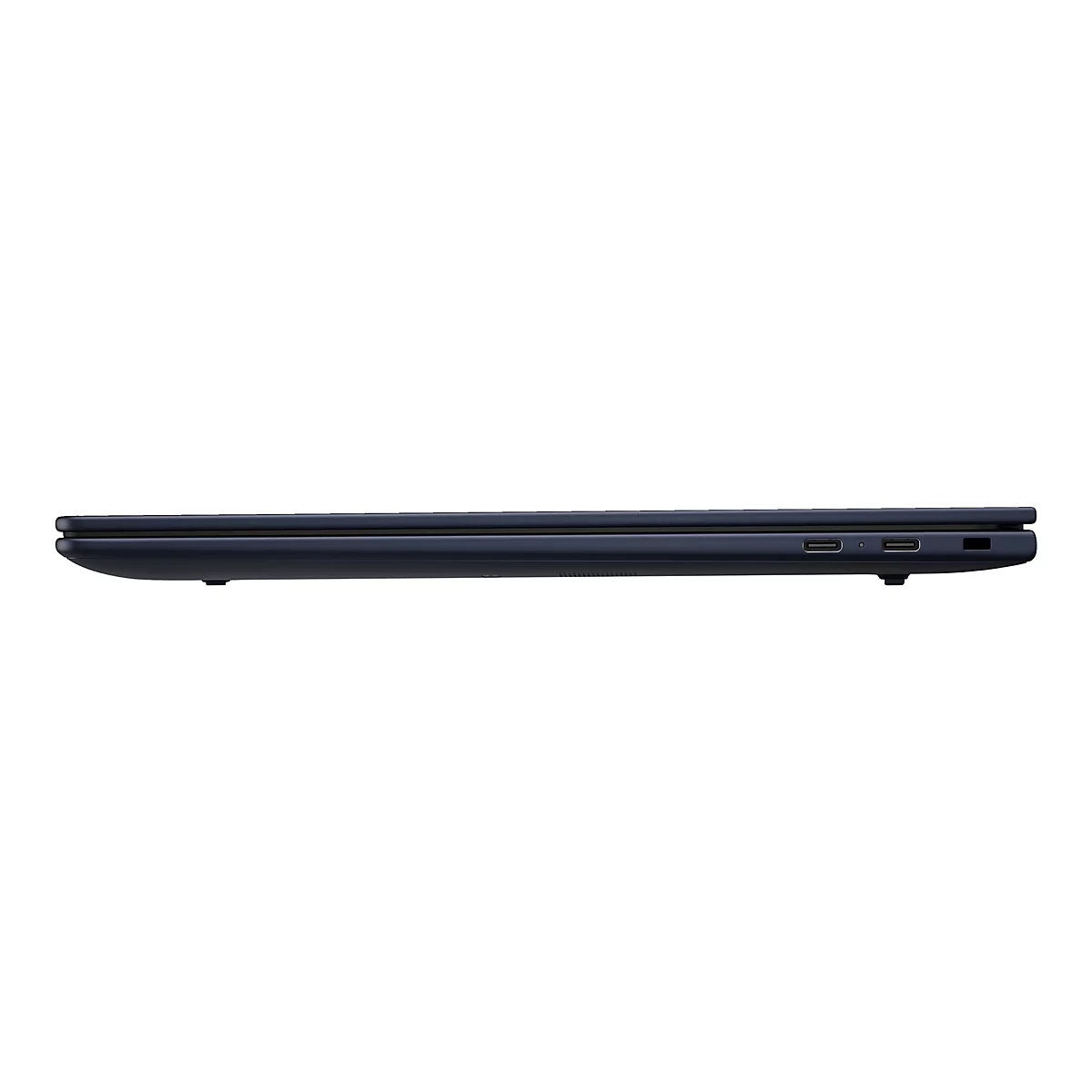 Dunkelblauer Laptop von der Seite. Zwei USB-C-Anschlüsse, daneben eine Öffnung und ein kleines Loch.