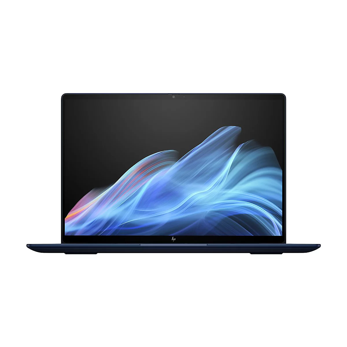 Dunkelblauer Laptop vor weißem Hintergrund. Der Bildschirm zeigt ein abstraktes blaues Muster.