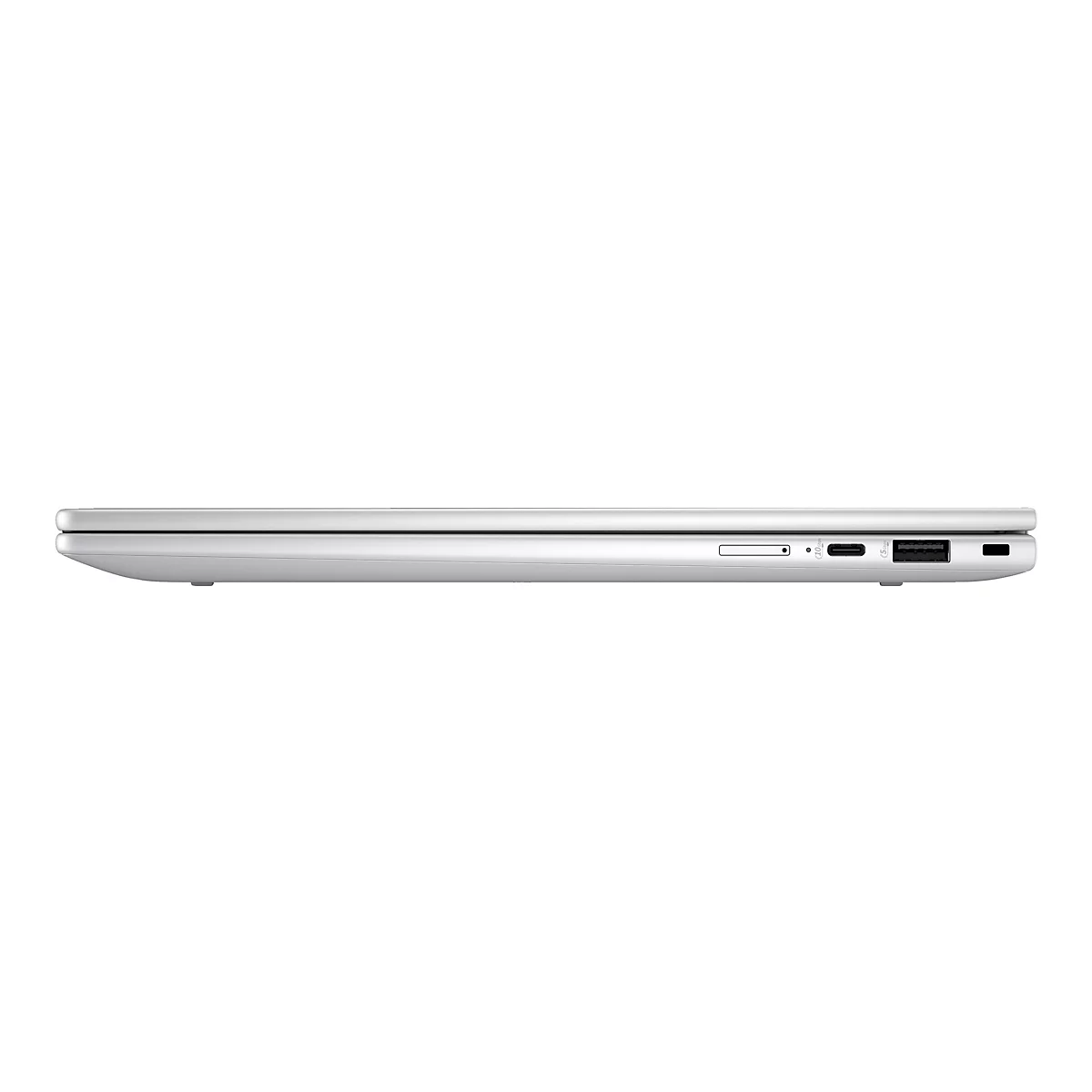 Seitenansicht eines silbernen Laptops. Deutlich sichtbar sind AnschlÃ¼sse und Kartenleser.