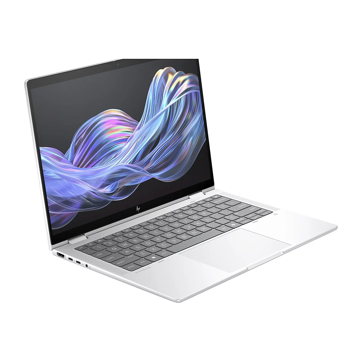 Silberner Laptop, geÃ¶ffnet. Auf dem Bildschirm sind blaue, geschwungene Formen zu sehen. Das HP-Logo ist sichtbar.