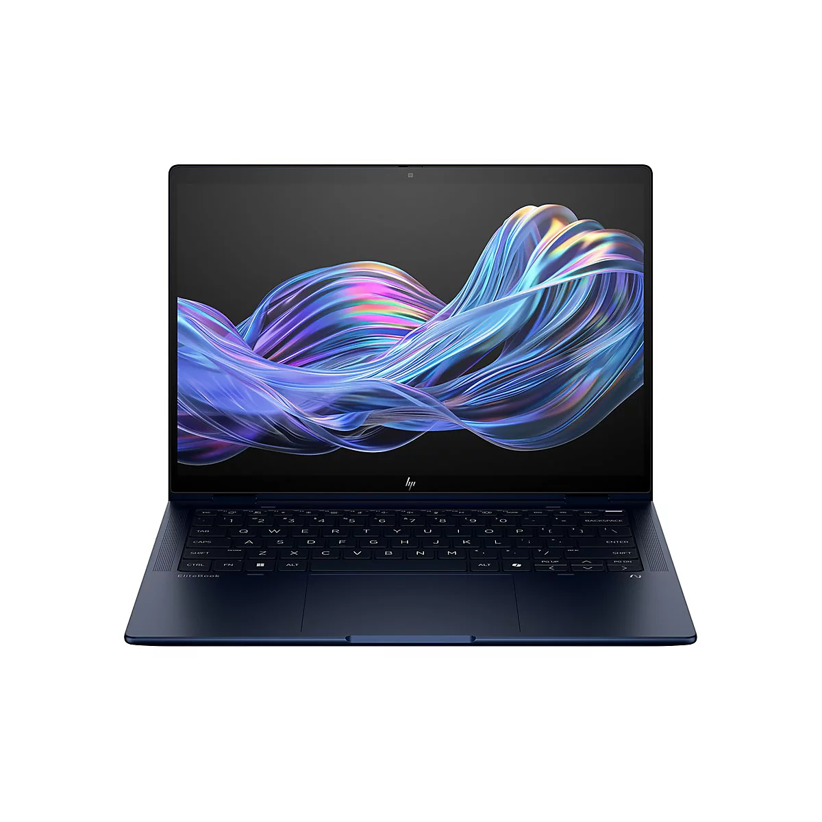 Dunkelblauer Laptop, Display zeigt abstraktes Kunstwerk. GeÃ¶ffnete Tastatur, Markenlogo sichtbar.