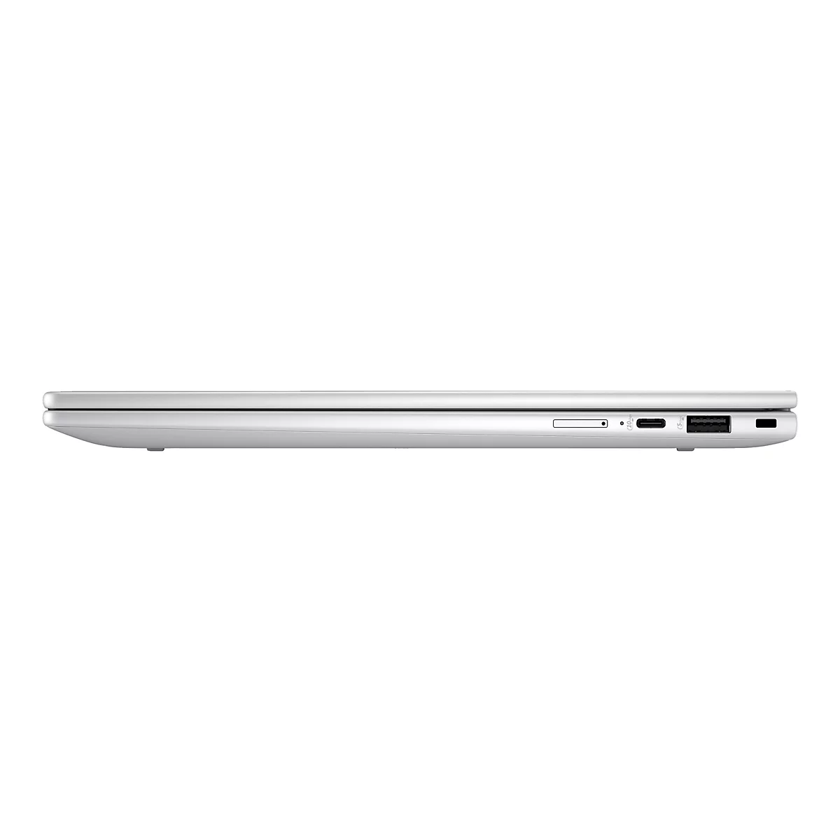 Seitenansicht eines silberfarbenen Laptops. Die Kanten sind abgerundet. Auf der Seite sind Anschlüsse zu sehen.