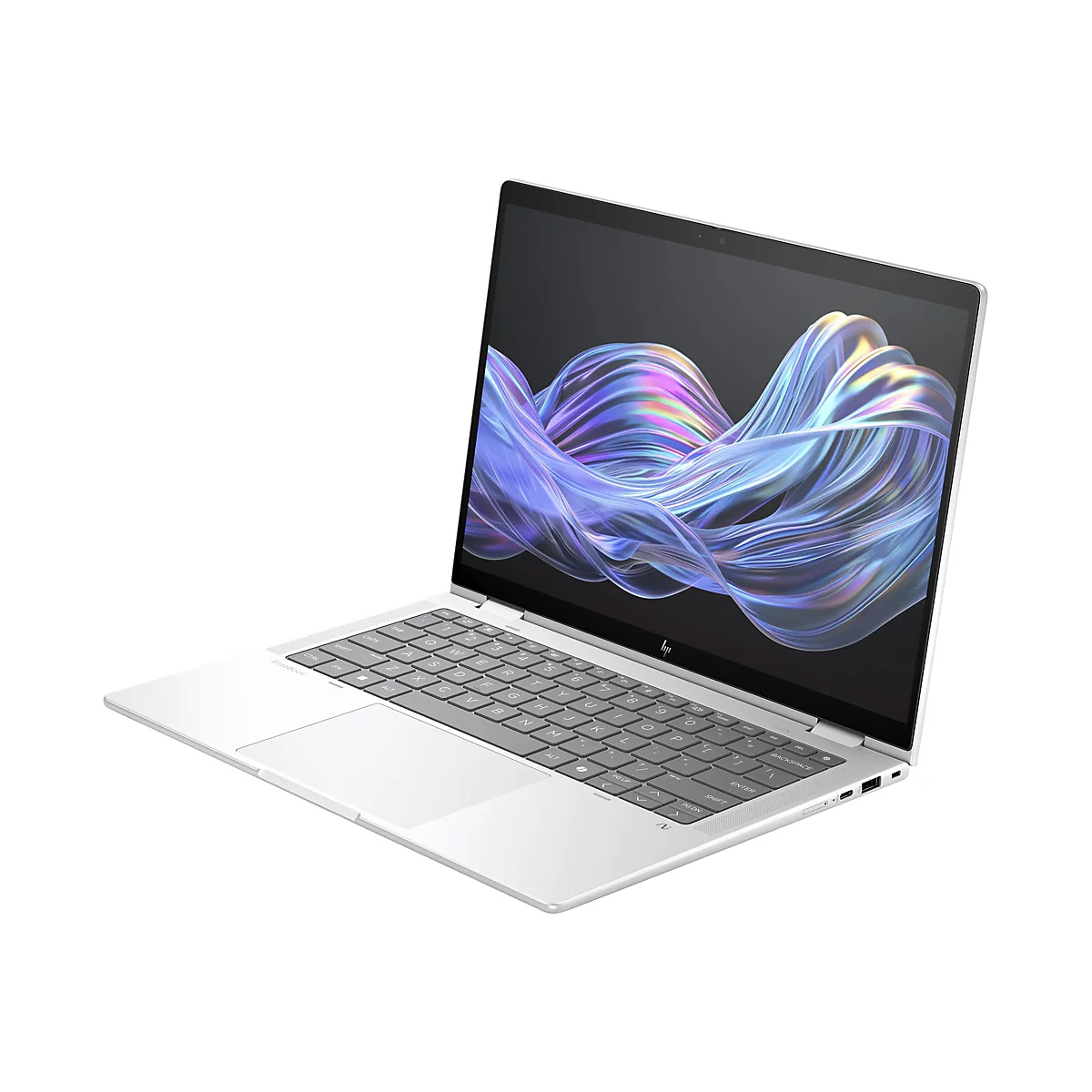 Ein silberner Laptop mit geöffnetem Bildschirm, der abstrakte, farbige Formen zeigt. Die Tastatur ist hellgrau.