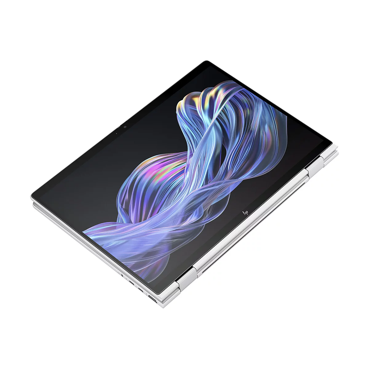 Ein silbernes Laptop-Tablet auf weißem Hintergrund. Auf dem Bildschirm ein abstraktes, farbenfrohes Muster. Die Tablet-Ecken sind abgerundet.