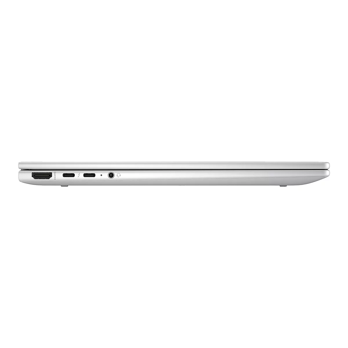 Nahaufnahme eines silberfarbenen Laptops im Profil. Es sind Anschlüsse zu sehen: HDMI, USB-C, Audio.