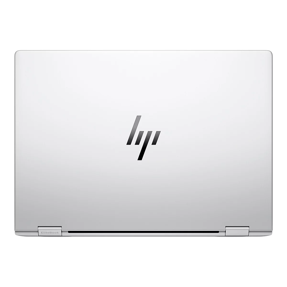 Silberner Laptop, dessen Deckel mit dem schwarzen HP Logo geschlossen ist.