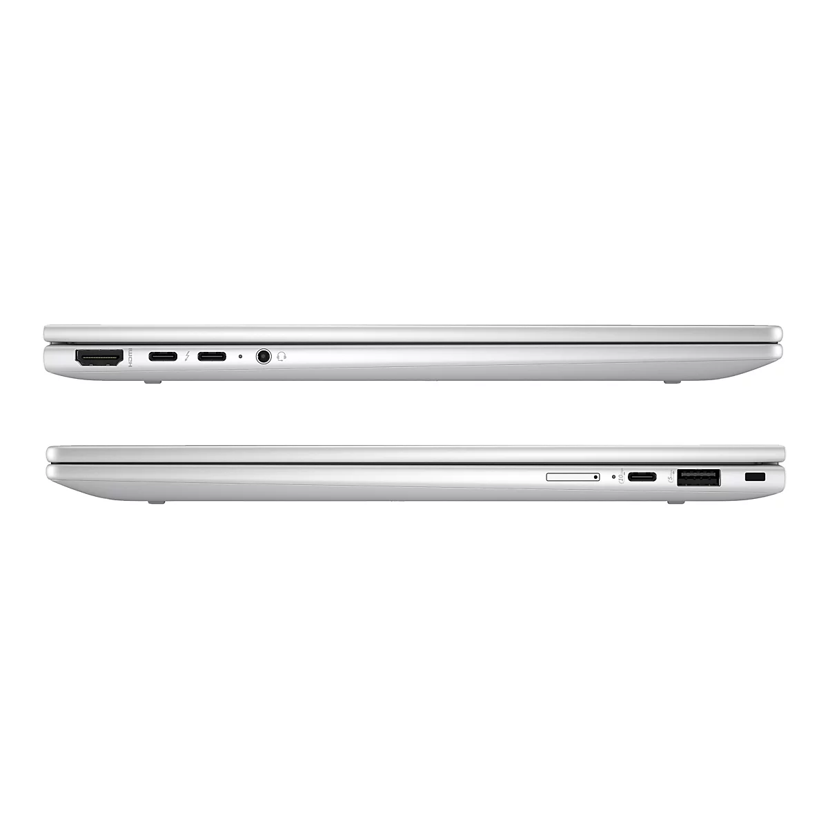 Zwei Laptops in Seitenansicht. Oben: HDMI, USB-C, Kopfhöreranschluss. Unten: SD-Kartenleser, USB-C, USB-A.