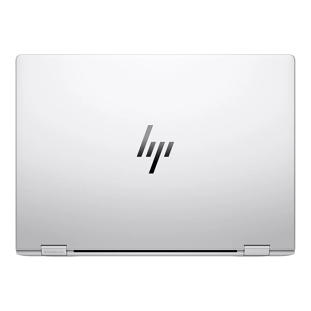 Geschlossenes, silbernes HP EliteBook Laptop, mit HP-Logo. Die Schrift "EliteBook" ist am unteren Rand sichtbar.
