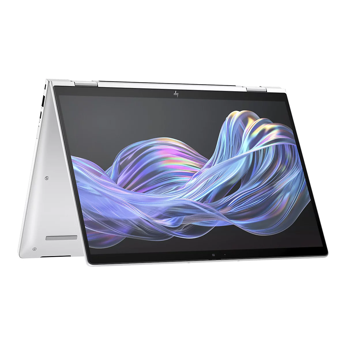 Weißes Laptop-Convertible mit geöffnetem Bildschirm. Auf dem Bildschirm ein abstraktes, farbenfrohes Design. Der Hintergrund ist weiß.