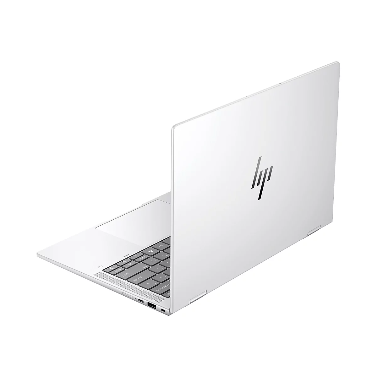 Ein weißes, offenes HP-Laptop auf weißem Hintergrund. Die Tastatur ist teilweise zu sehen, das Logo befindet sich auf dem Deckel.