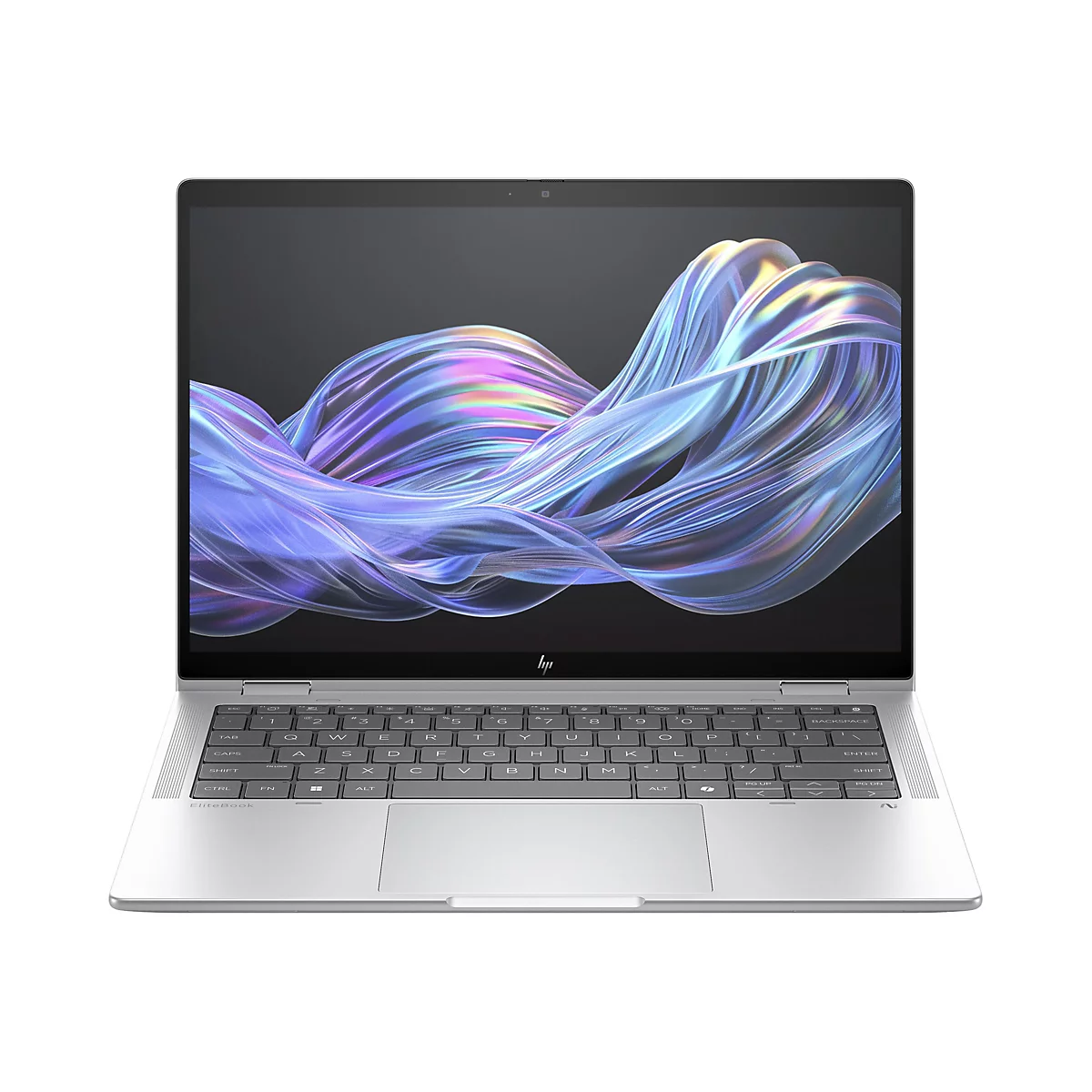 Ein silbernes HP EliteBook Laptop von vorne. Der Bildschirm zeigt eine abstrakte, gewellte, blaue und violette Grafik. Die Tastatur ist beleuchtet.