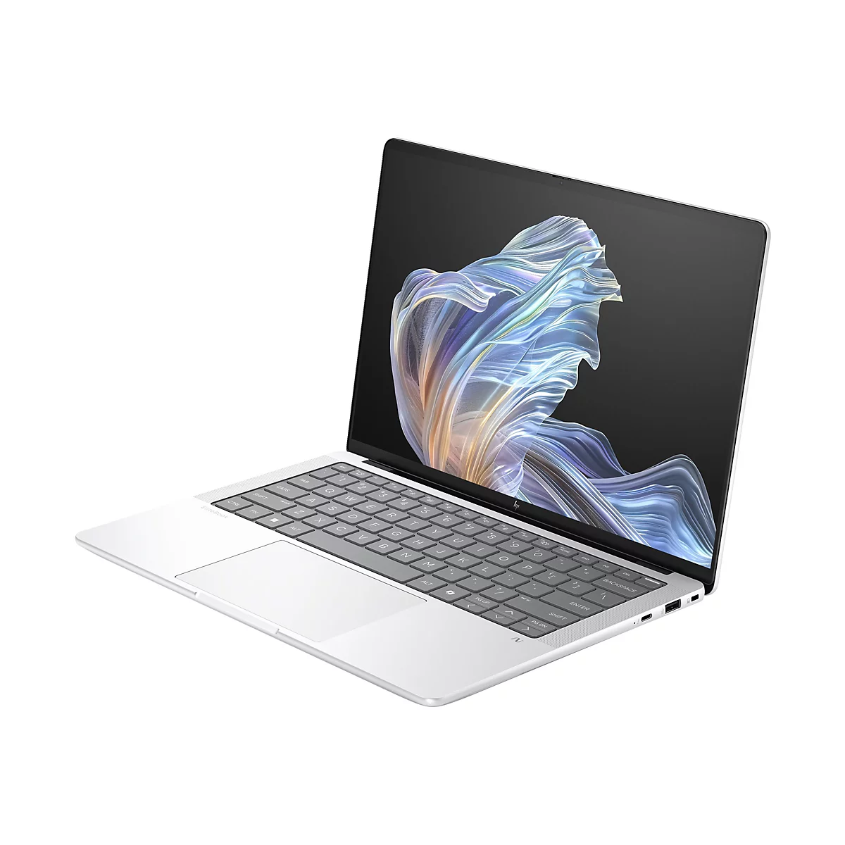 Silbernes Laptop auf weiÃŸem Hintergrund. Bildschirm zeigt blau-weiÃŸes abstraktes Muster.