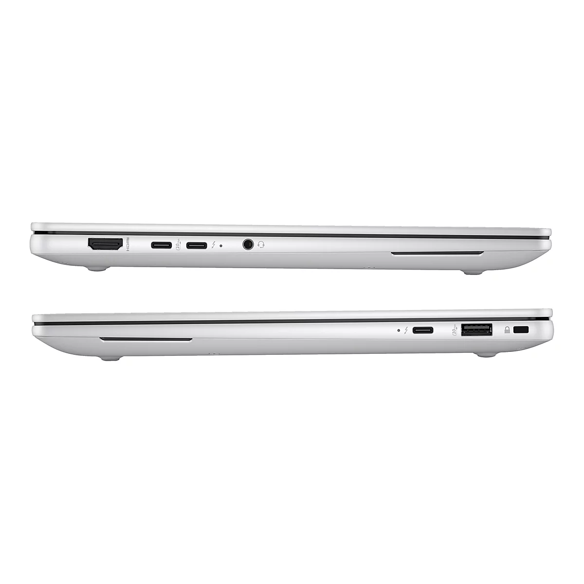 Zwei silberfarbene Laptops von der Seite, Details der AnschlÃ¼sse sichtbar.