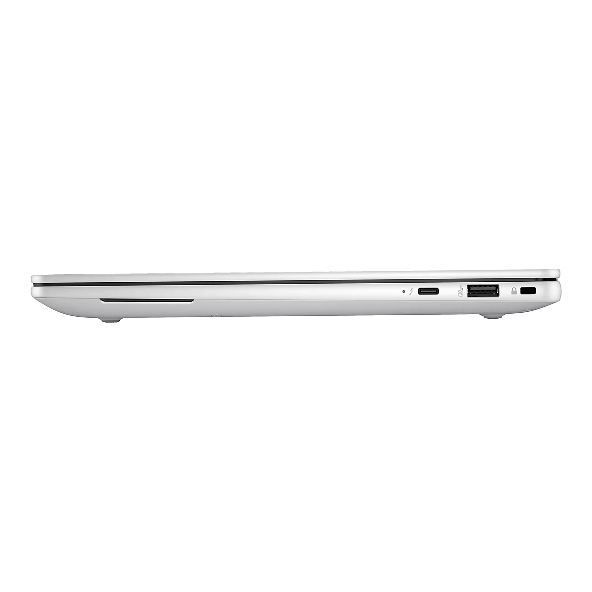 Seitenansicht eines weiÃŸen Laptops. Sichtbar sind AnschlÃ¼sse fÃ¼r USB und Ladekabel.