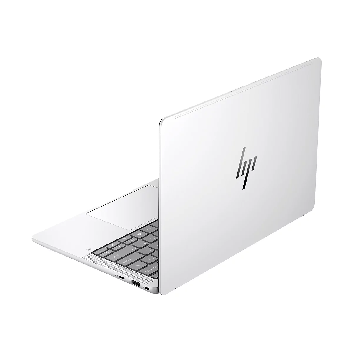 WeiÃŸes Laptop von HP, halb geÃ¶ffnet, von hinten links gesehen, auf weiÃŸem Hintergrund.