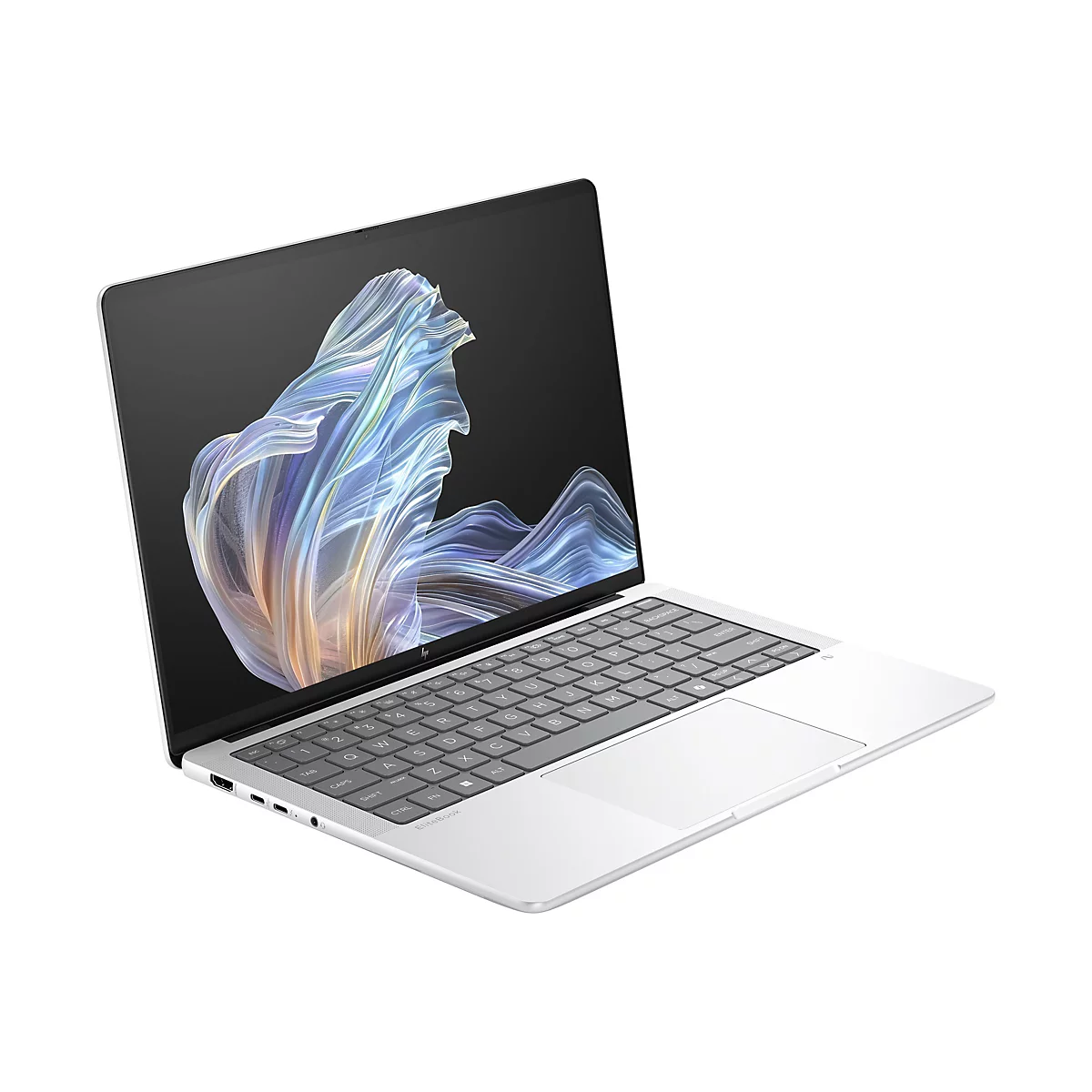 Ein offener, silberfarbener Laptop mit dunklem Bildschirm, auf dem ein abstraktes Muster zu sehen ist. Tastatur, Touchpad und GehÃ¤use sind deutlich zu erkennen.