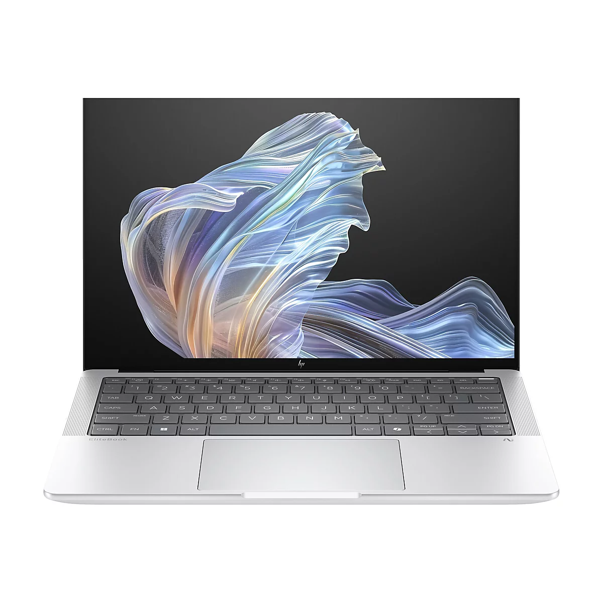 Silberner Laptop mit offenem Display und farbenfrohem Muster auf dem Bildschirm.