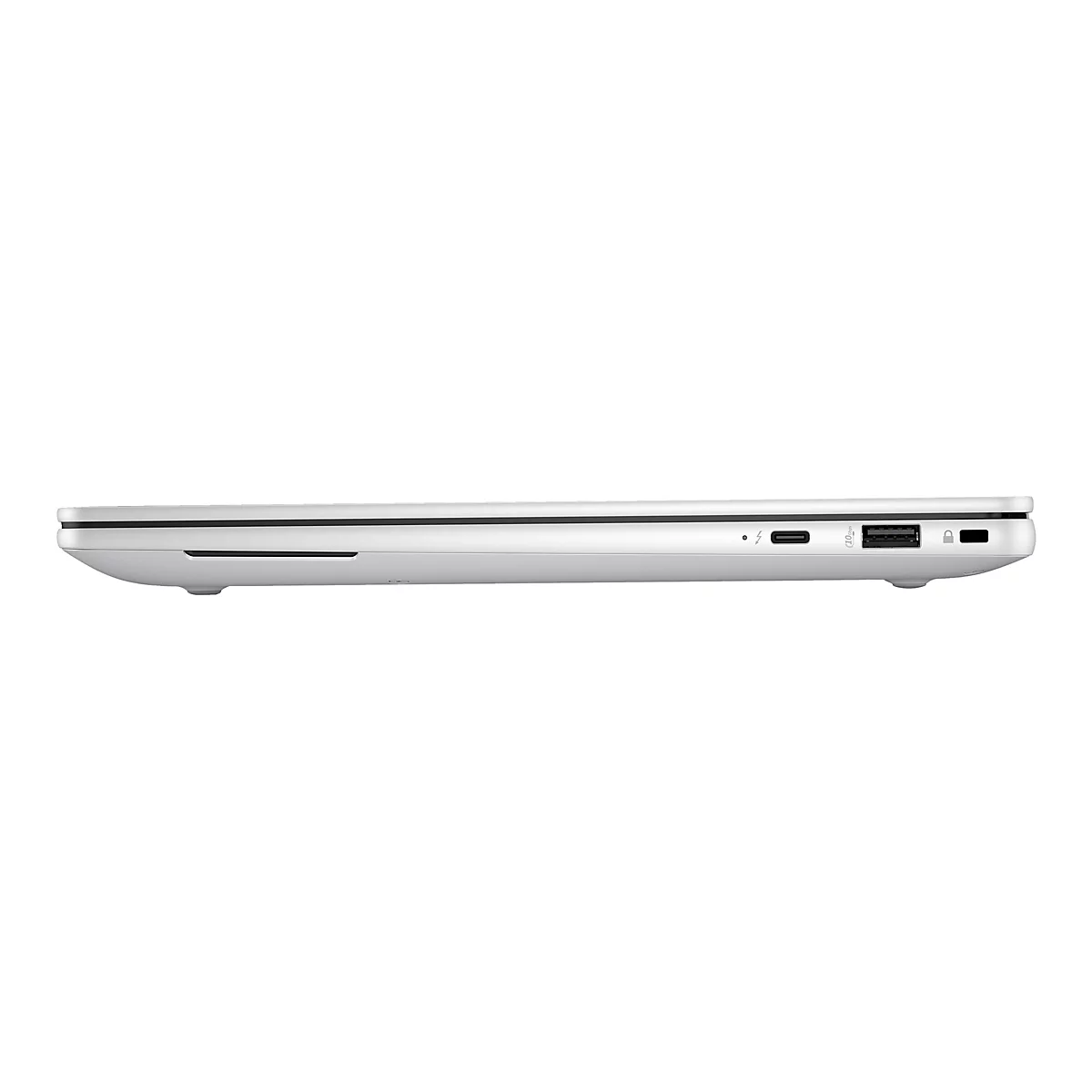 Seitenansicht eines silbernen Laptops. Es sind Anschlüsse für USB, Thunderbolt und ein Sicherheitsschloss erkennbar.