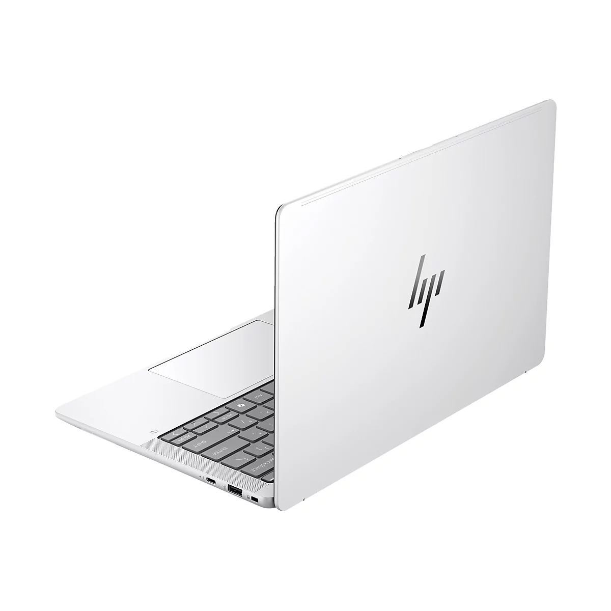 Weißer Laptop von HP, leicht geöffnet. Auf der Rückseite das HP-Logo. Tastatur und Touchpad sichtbar.