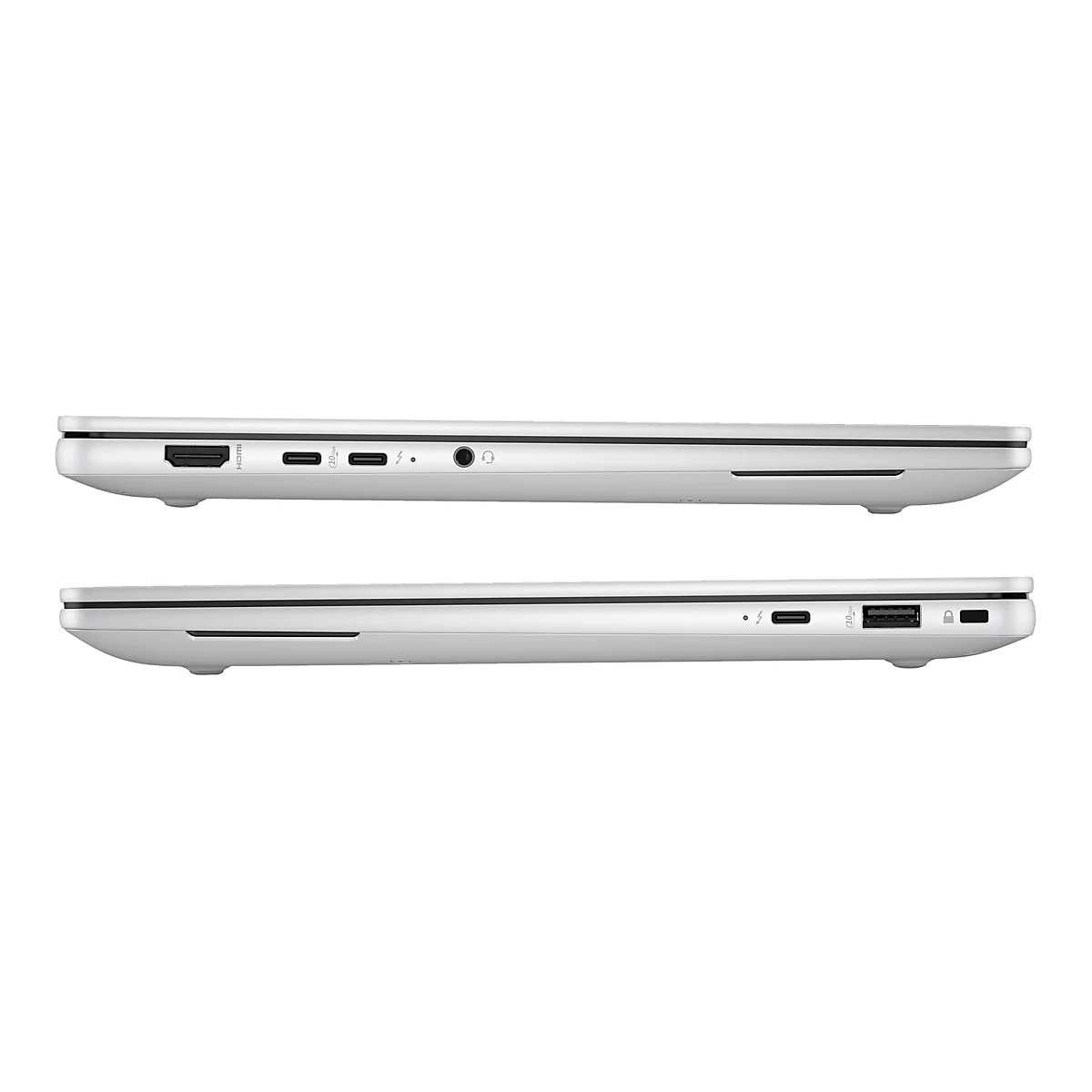 Zwei silberne Laptops im Profil, Anschlüsse deutlich sichtbar.