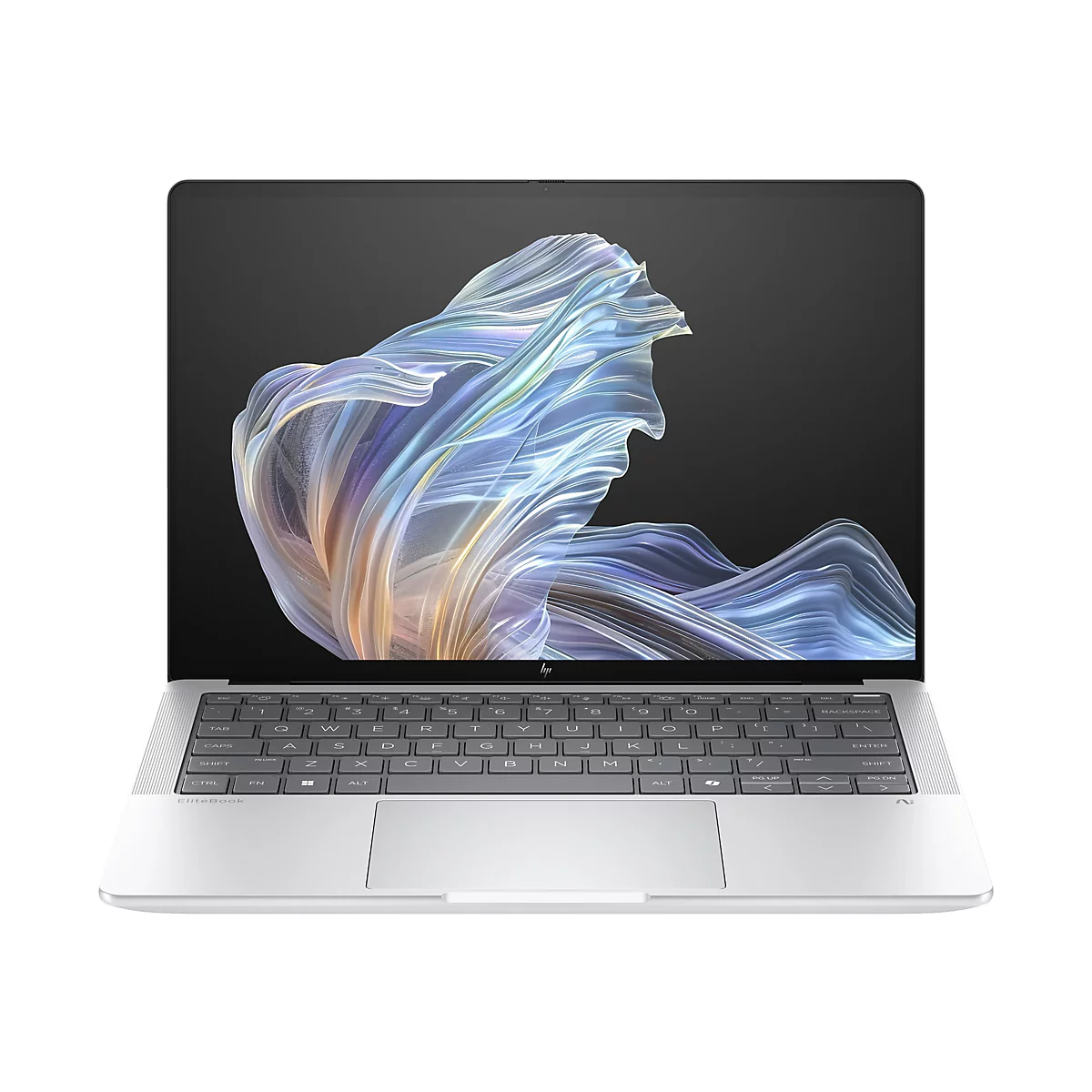 Ein offenes, silbernes Laptop mit einer beleuchteten Tastatur und einem stilisierten, farbigen Hintergrund auf dem Bildschirm.