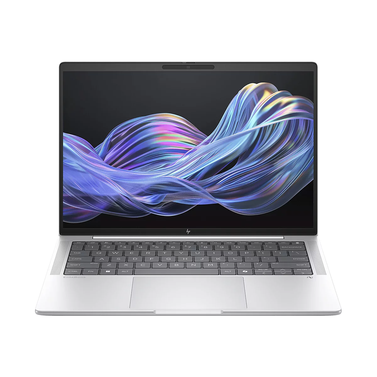 Ein silbernes Laptop, das mit einem bunten, fließenden Muster auf dem Bildschirm dargestellt wird. Die Tastatur ist mit einer Vielzahl von Tasten versehen, darunter Buchstaben, Zahlen und Sonderzeichen.