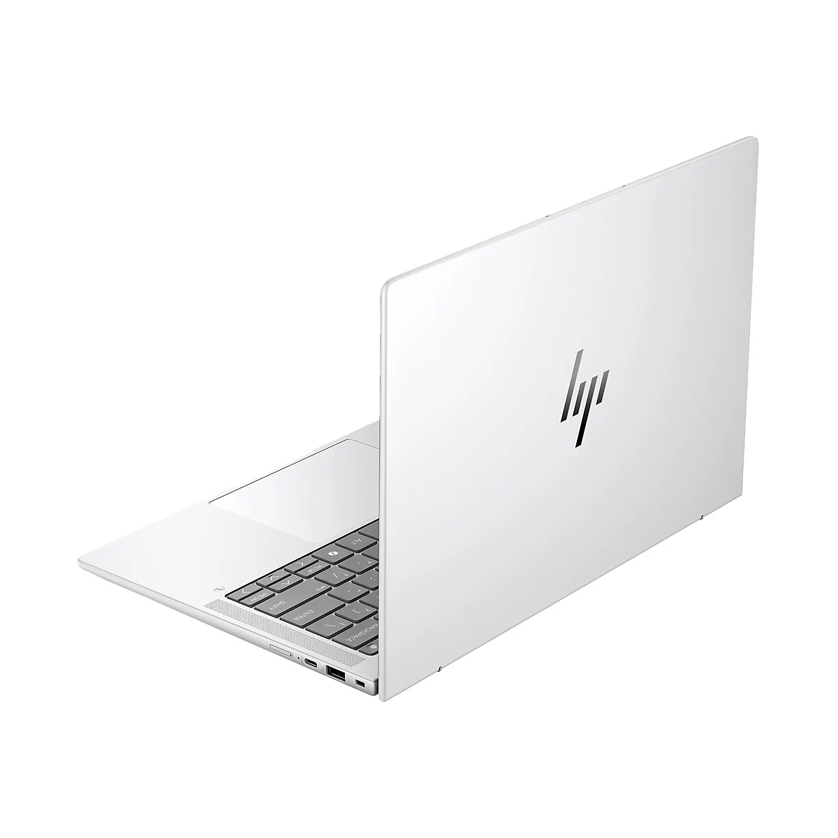 Ein weißes HP Laptop, halb geöffnet, mit Tastatur im Vordergrund. Das HP-Logo befindet sich auf dem Deckel.