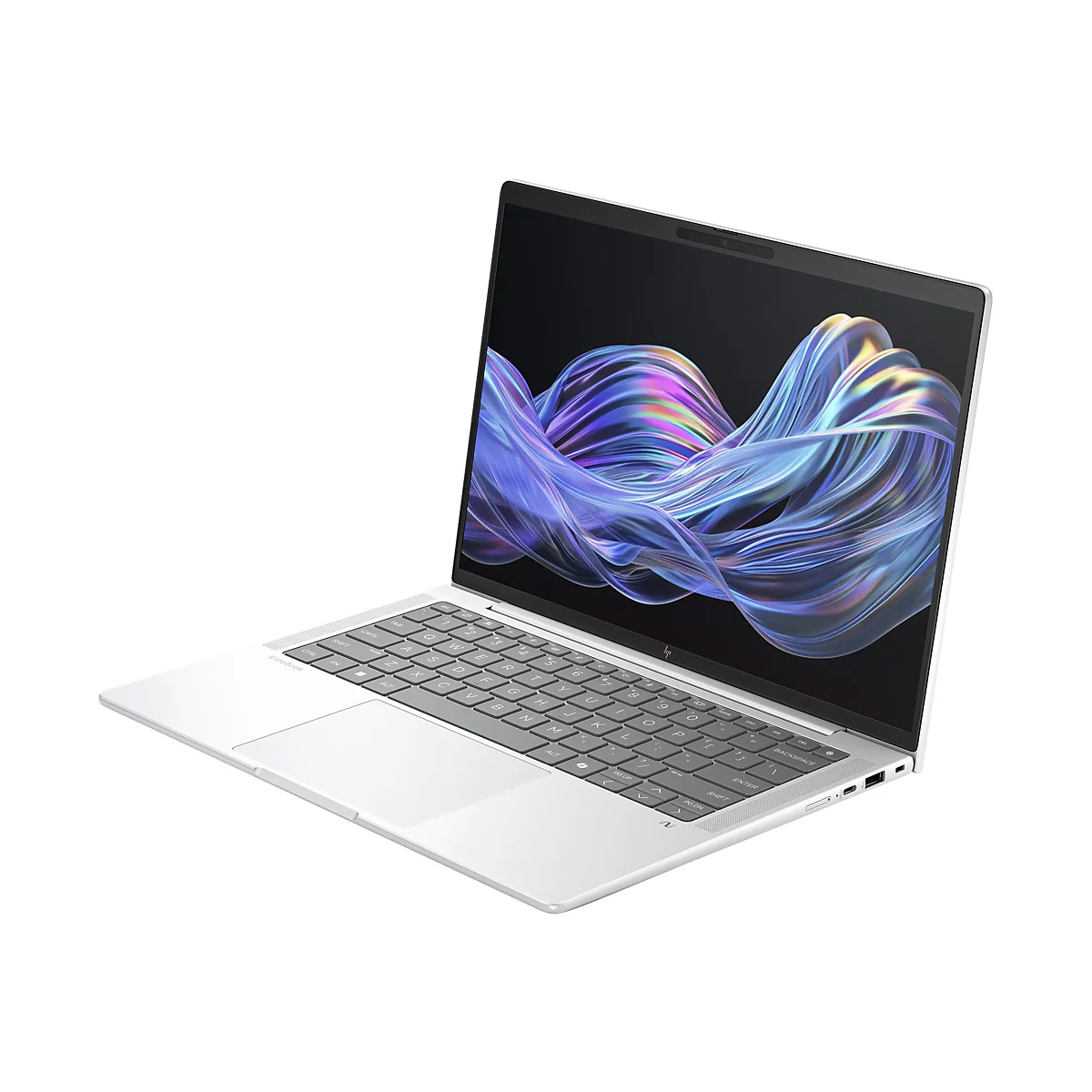 Ein silberfarbener Laptop mit geöffnetem Bildschirm. Auf dem Bildschirm eine abstrakte, farbenfrohe Darstellung. Tastatur und Touchpad sind ebenfalls silberfarben.