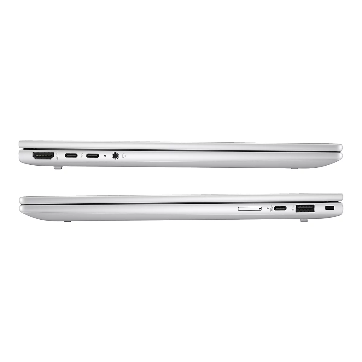 Seitenansicht eines silberfarbenen Laptops mit diversen Anschlüssen, darunter HDMI und USB.