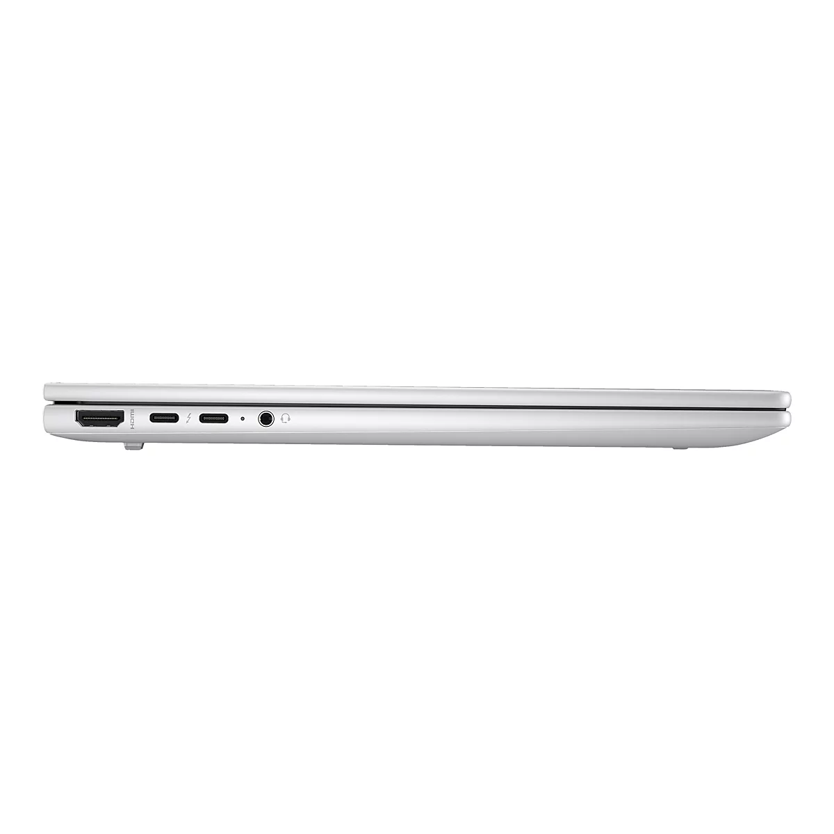 Seitenansicht eines silbernen Laptops mit Anschlüssen: HDMI, USB-C, Audio.