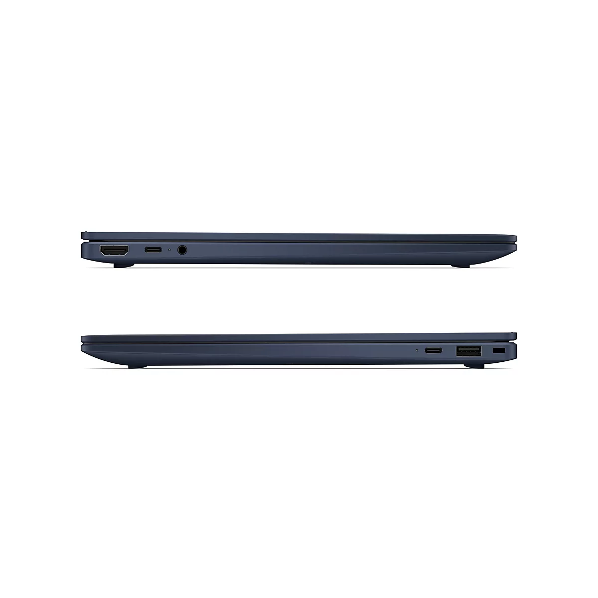 Zwei blaue Laptops im Profil. Der obere hat Anschlüsse für HDMI, Kopfhörer und USB-C. Der untere hat USB und USB-C-Anschlüsse.