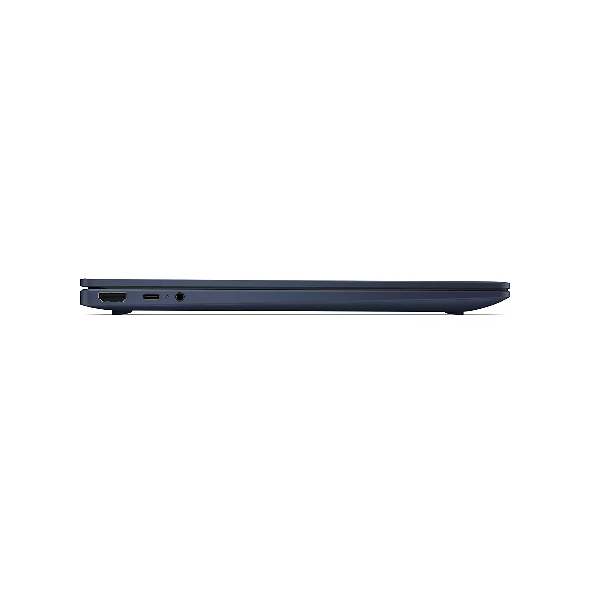 Dunkelblaues Laptop im Profil mit sichtbaren Anschlüssen, darunter HDMI und USB-C, vor weißem Hintergrund.