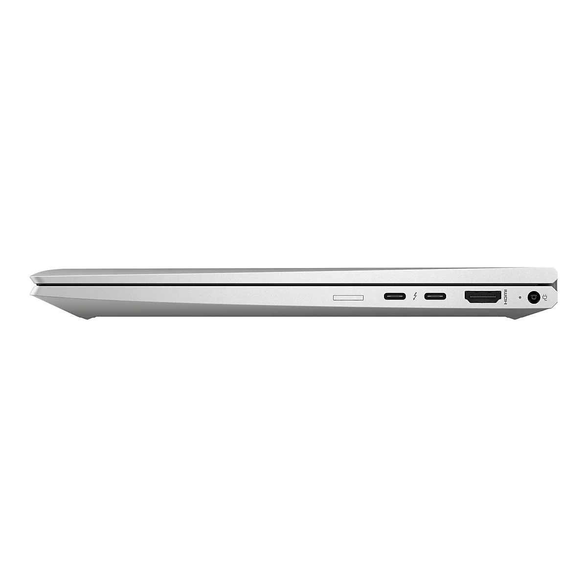 Seitenansicht eines silbernen Laptops, der auf einer weißen Oberfläche liegt. Sichtbar sind Anschlüsse und Schnittstellen wie USB-C und HDMI.