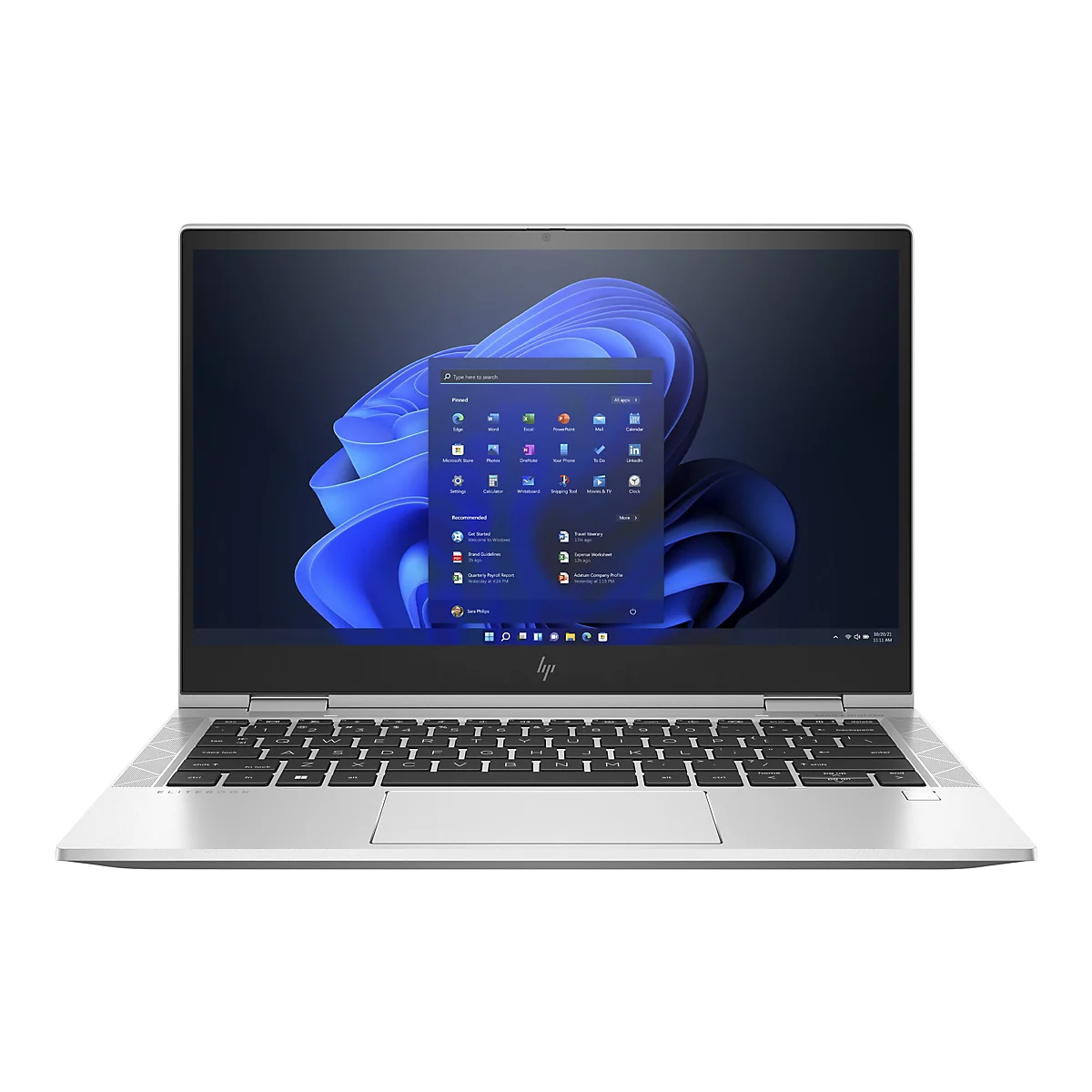 Ein silberner HP EliteBook Laptop mit geöffnetem Bildschirm. Das Display zeigt das Windows 11-Startmenü mit App-Symbolen, Suchleiste und empfohlenen Apps.