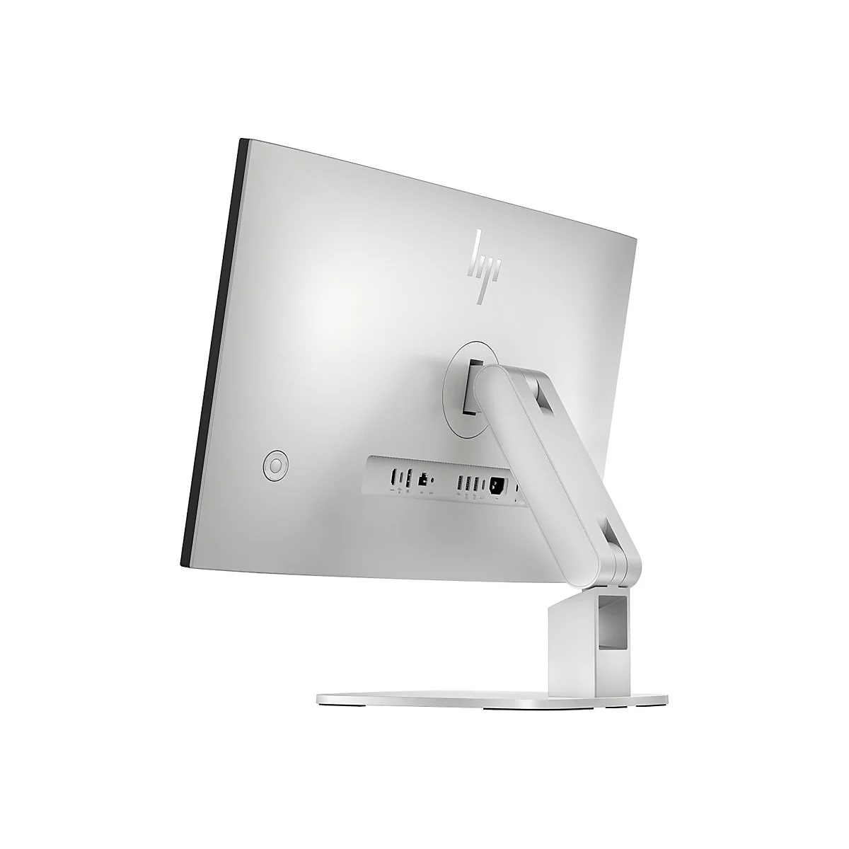 Arrière d'un moniteur HP argenté. Une base pivotante, un bouton rond et des ports sont visibles.