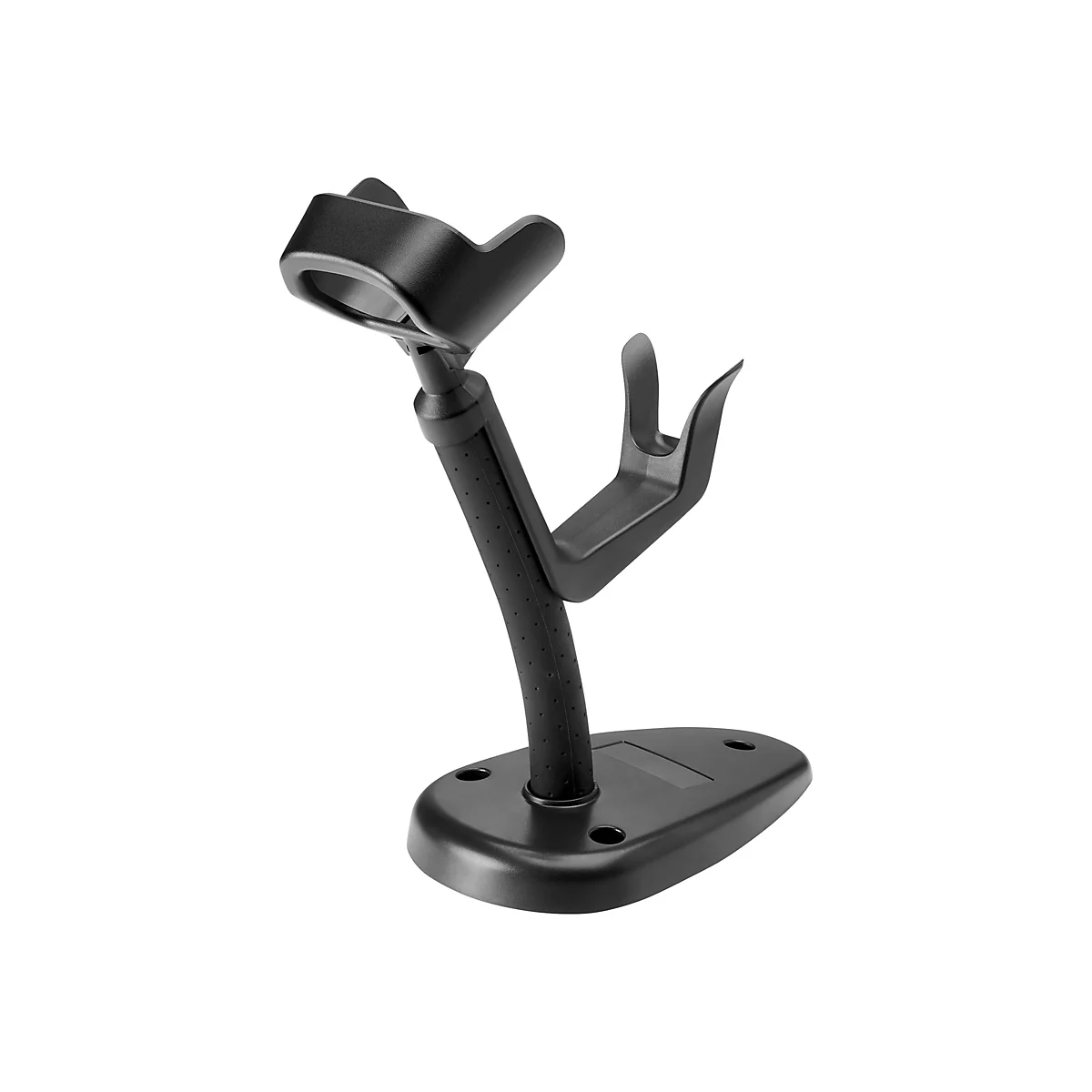 Schwarzer Barcode-Scanner-Halter auf weißem Hintergrund. Der Halter besteht aus einer Basis, einem Stiel und einem Halterungskopf.