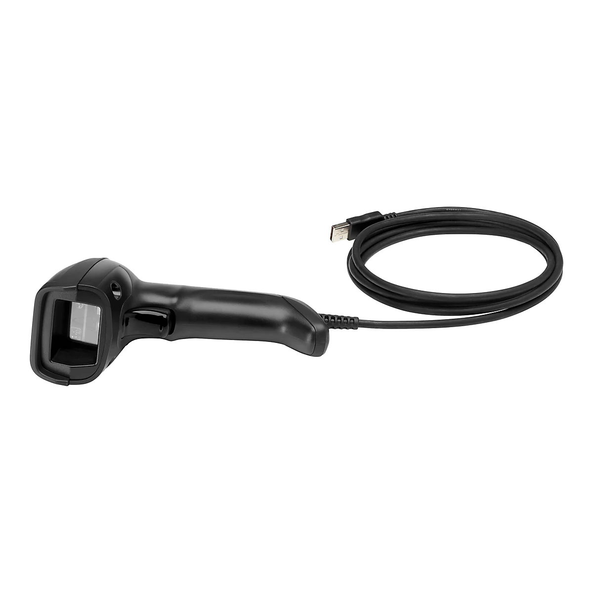 Schwarzer Barcode-Scanner mit USB-Kabel, vor weißem Hintergrund. Das Kabel ist zu einer Schlaufe gerollt.