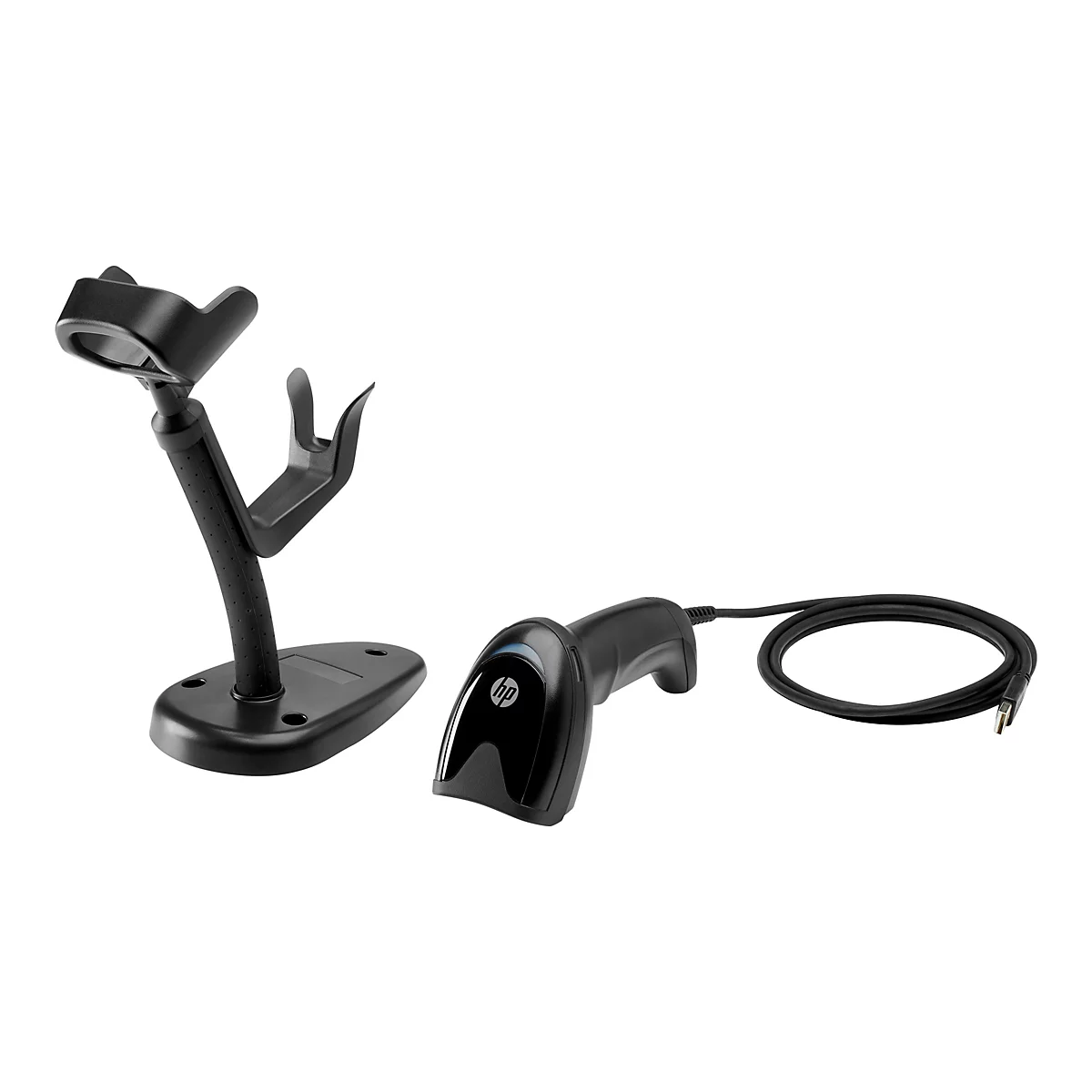 Ein schwarzer Barcode-Scanner mit Halterung, verbunden mit einem Kabel. Der Scanner hat das HP-Logo. Der Hintergrund ist weiß.