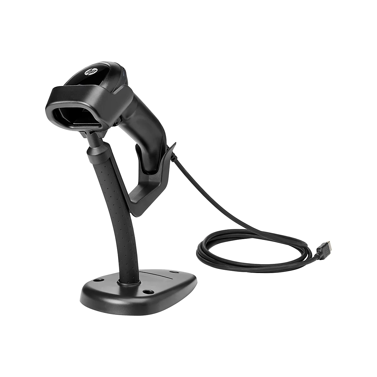 Schwarzer Barcode-Scanner auf Ständer, Kabel angeschlossen, weißer Hintergrund.