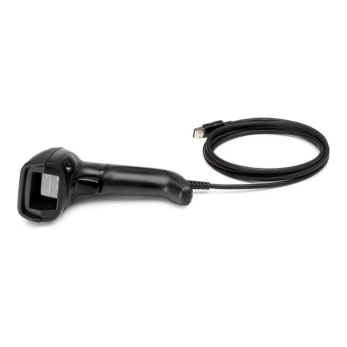 Ein schwarzer Barcode-Scanner mit Kabel, auf weißem Hintergrund.