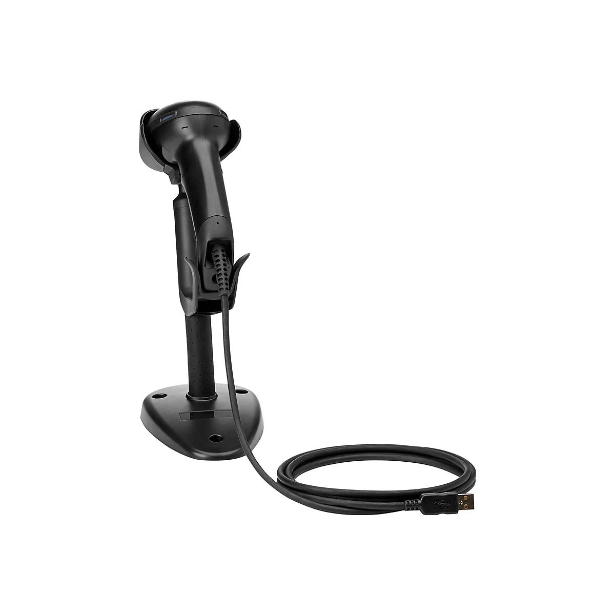 Schwarzer Barcode-Scanner mit Ständer. Das Gerät ist an einem Ständer befestigt und mit einem USB-Kabel verbunden.